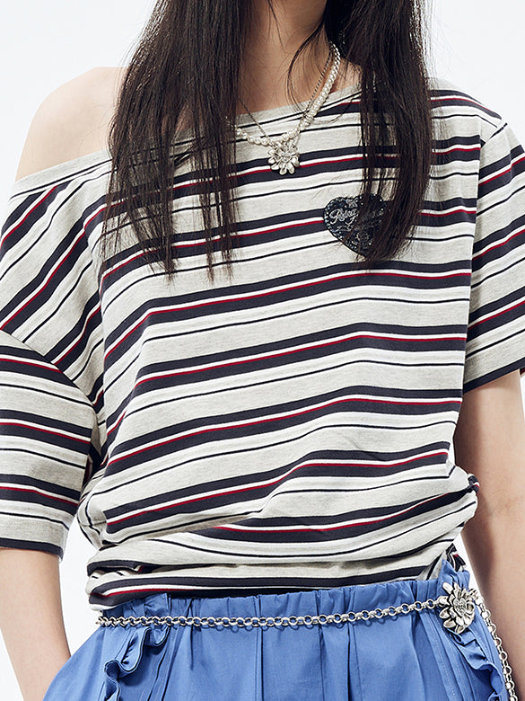 One-shoulder Design Stripe T-shirt