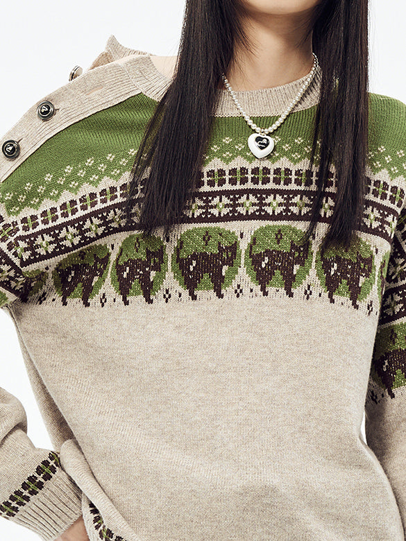 Cat Design Shoulder Button Knit