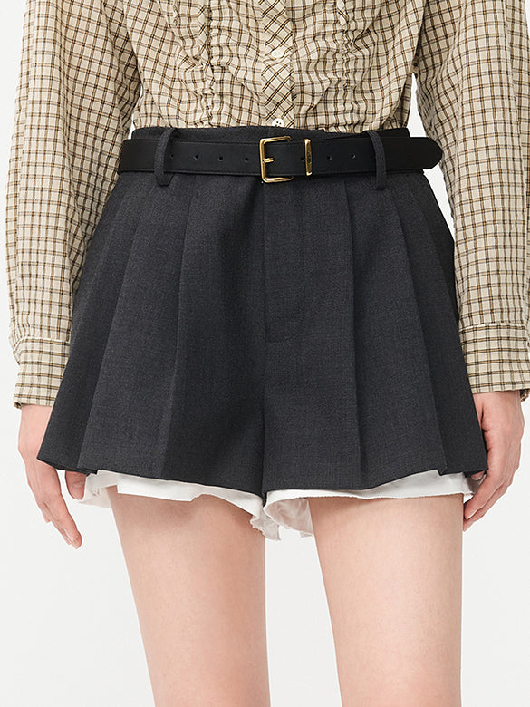 Combination Belted Pleats Short Pants