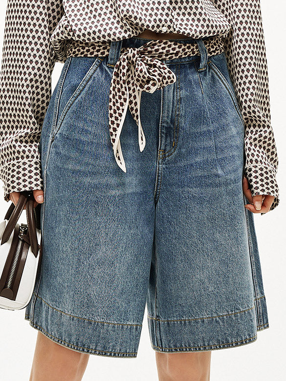 Scarf Belted Denim Half Pants