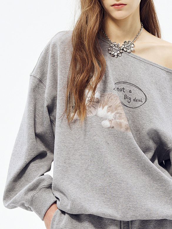 Cat Printed One-shoulder Sweatshirt