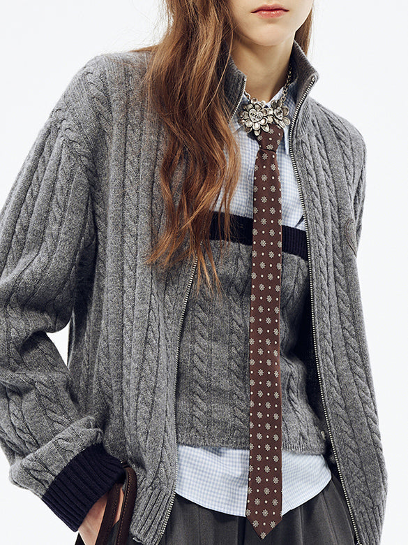 Bi-color Hem Zipper Knit Cardigan