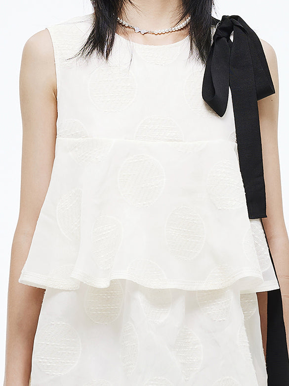 Bi-color Ribbon Sleeveless Dot Dress