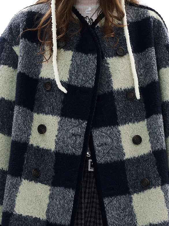 Plaid No-collar Wool Coat