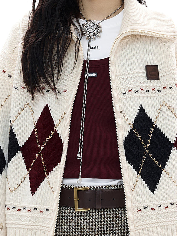 Argyle Zipper Knit Cardigan