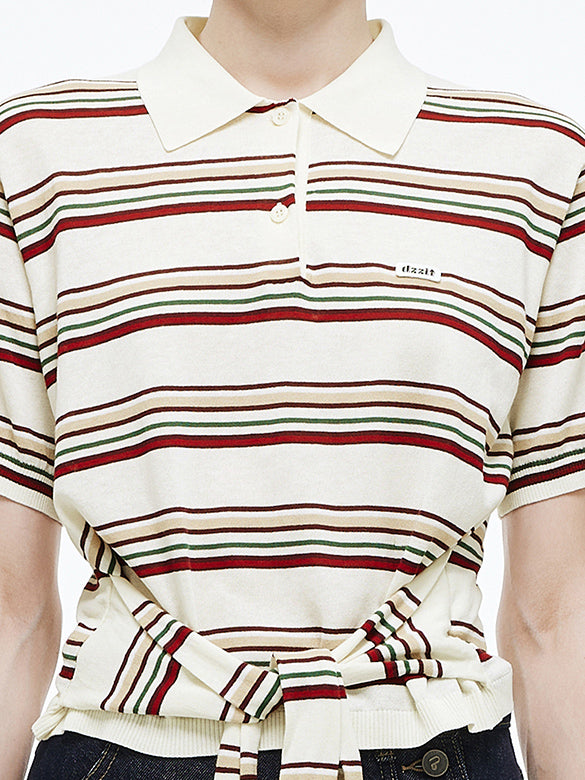 Retro Color Stripe Design Polo Knit