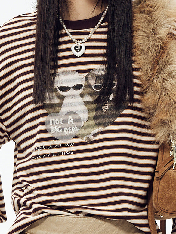 Cat Printed Stripe Long Sleeves T-shirt