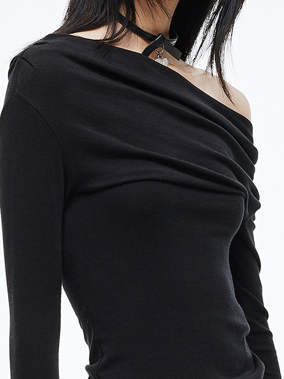 One-shoulder Gather Long Sleeves Top