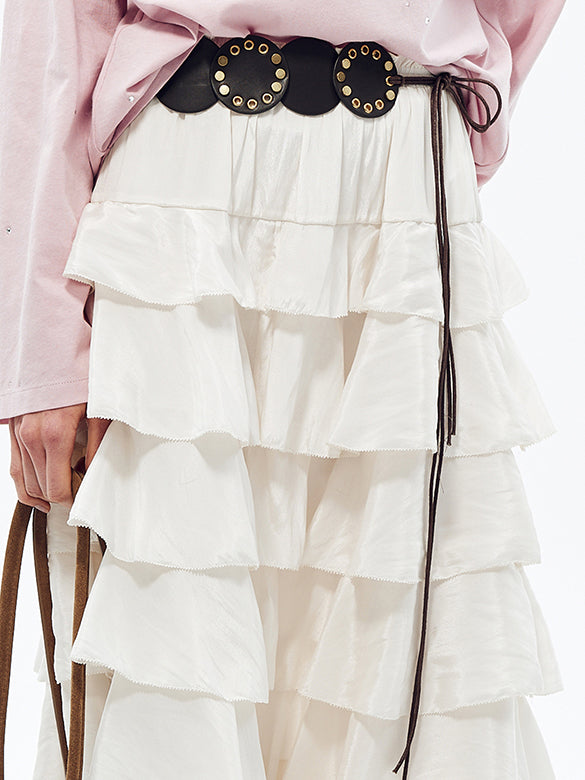 Satin Tiered Belted Skirt