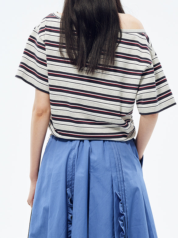One-shoulder Design Stripe T-shirt