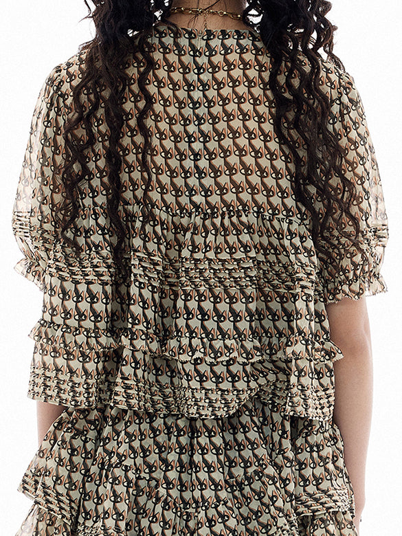 Cat Printed Chiffon Blouse
