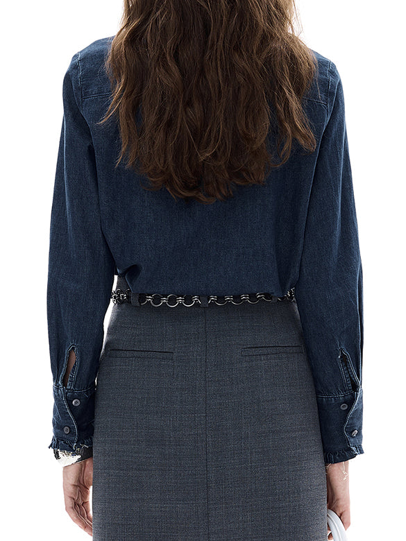 Frill-collar Bow-tie Denim Shirt