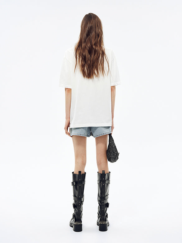 Clear Beads Ribbon Denim Short Pants