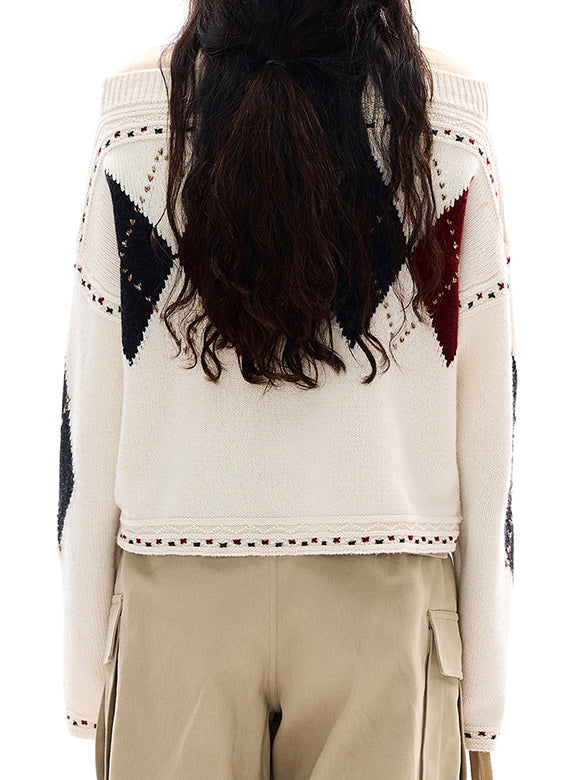 Argyle Off-shoulder Knit Top
