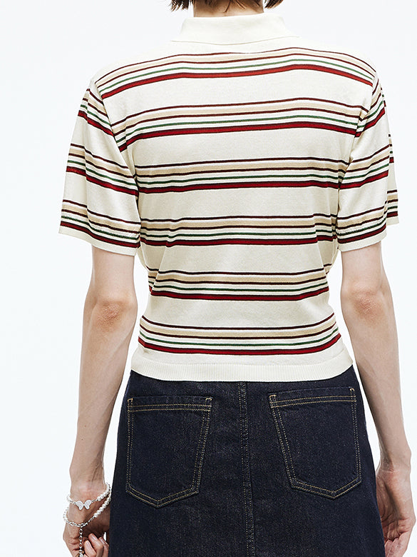 Retro Color Stripe Design Polo Knit