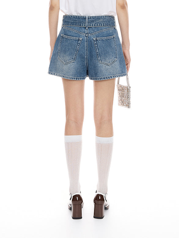 Belted Denim Short Pants