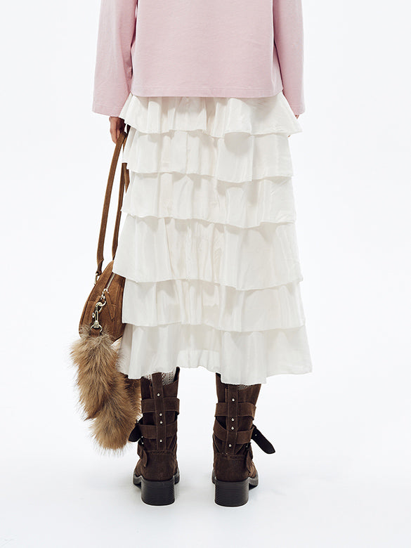 Satin Tiered Belted Skirt
