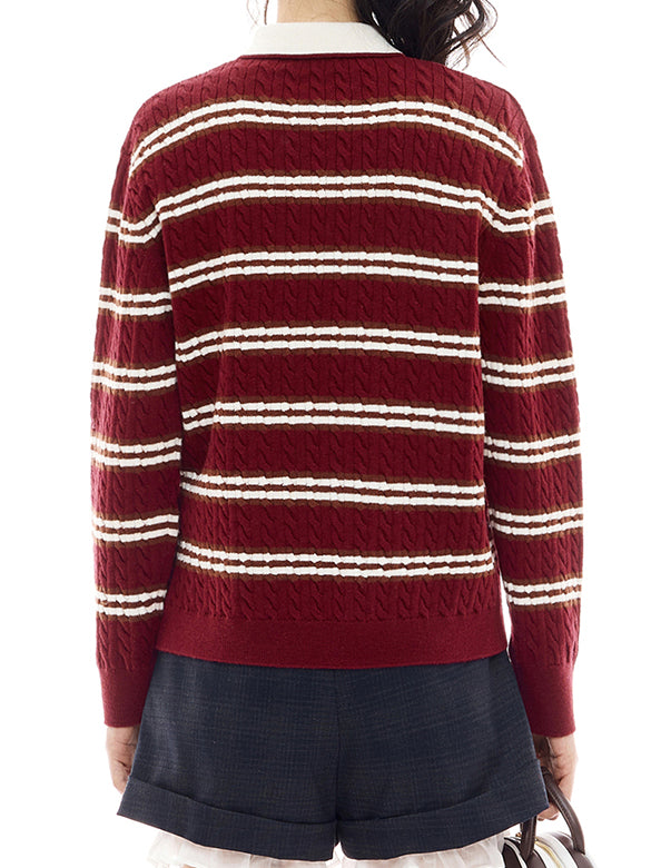 Retro Color Stripe Polo-Knit Top