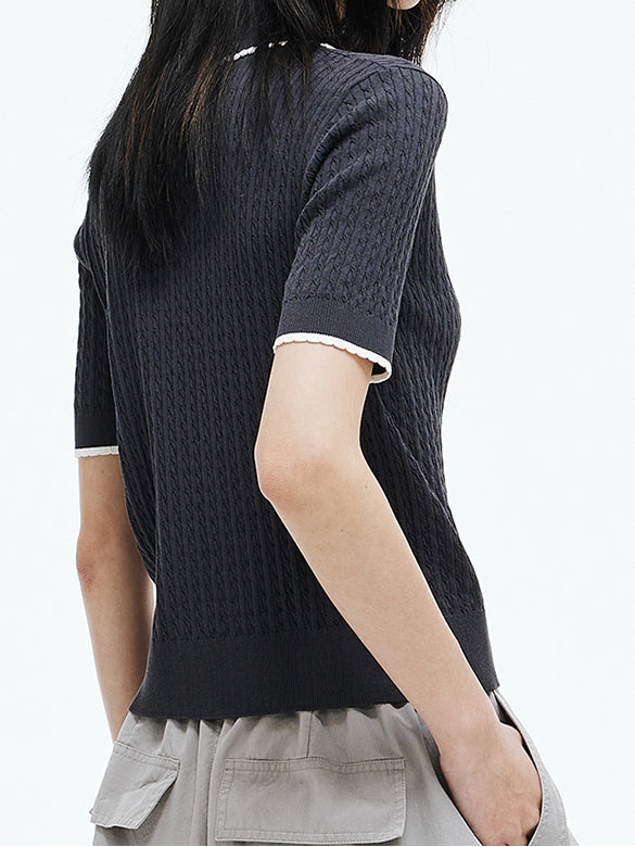 Frill Piping Polo Knit Top
