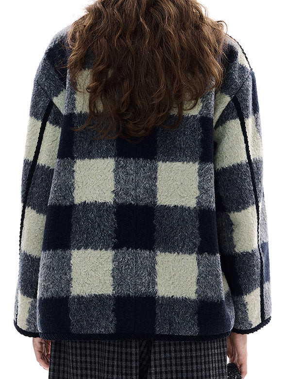 Plaid No-collar Wool Coat