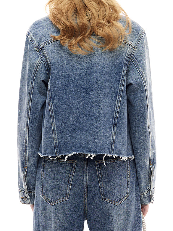 Clear Beads No-collar Denim Jacket