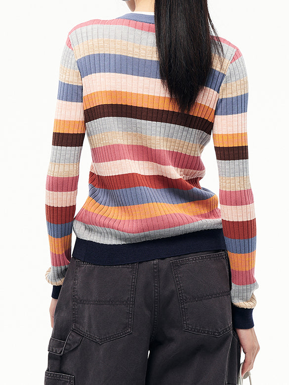 Retro Color Stripe Rib Knit Cardigan