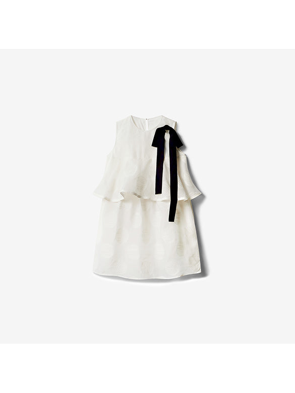 Bi-color Ribbon Sleeveless Dot Dress