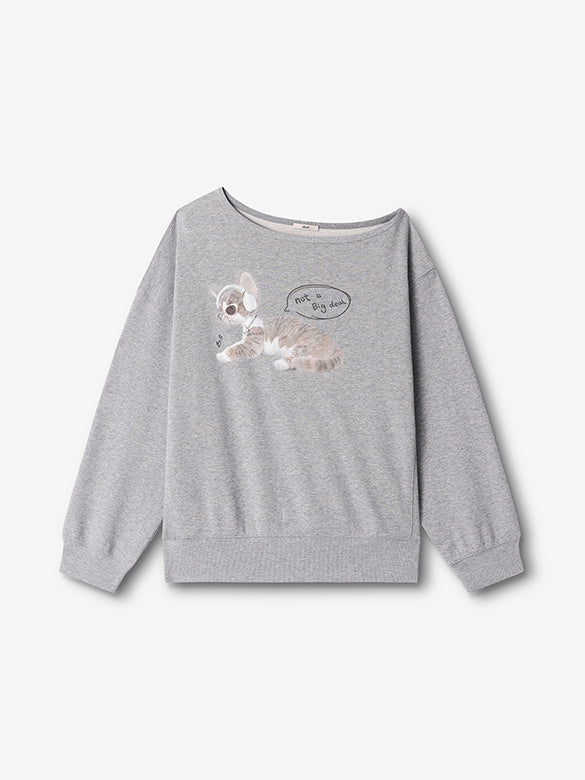 Cat Printed One-shoulder Sweatshirt