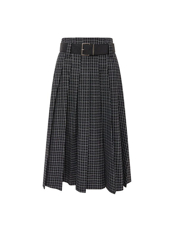 Plaid Pleats Belted Skirt