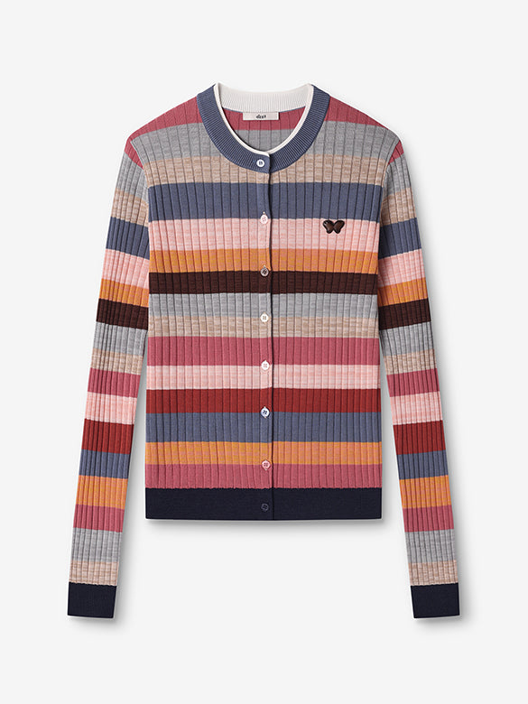 Retro Color Stripe Rib Knit Cardigan