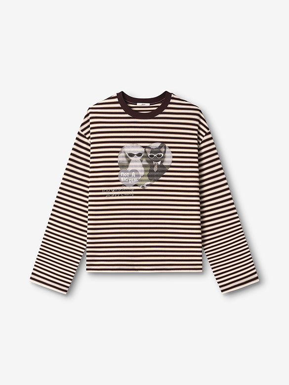 Cat Printed Stripe Long Sleeves T-shirt