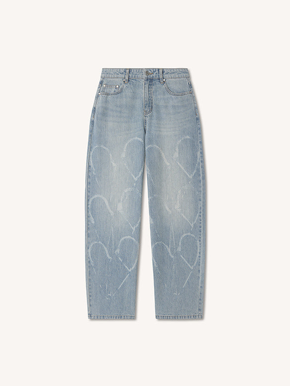 Clear-beads Heart Design Denim Pants