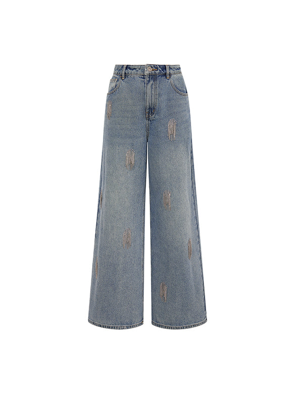 Beads Fringe Design Denim Pants