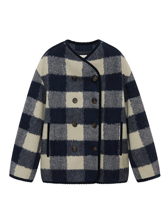 Plaid No-collar Wool Coat