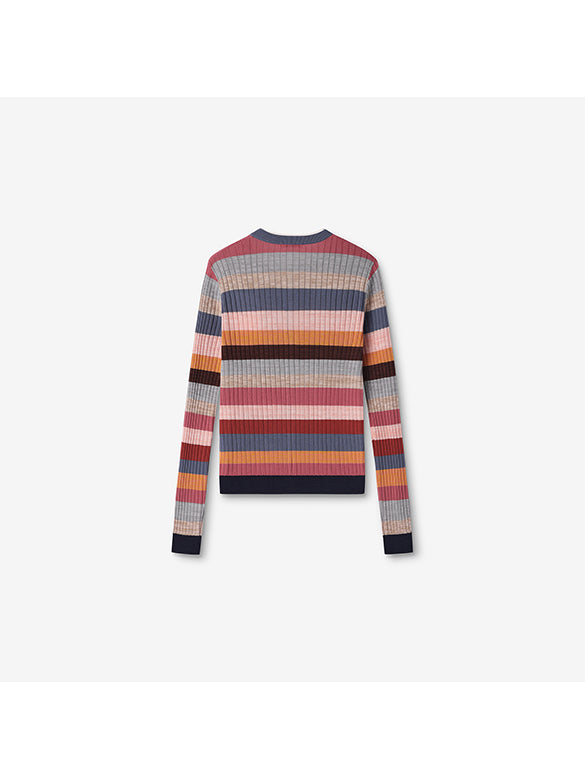 Retro Color Stripe Rib Knit Cardigan