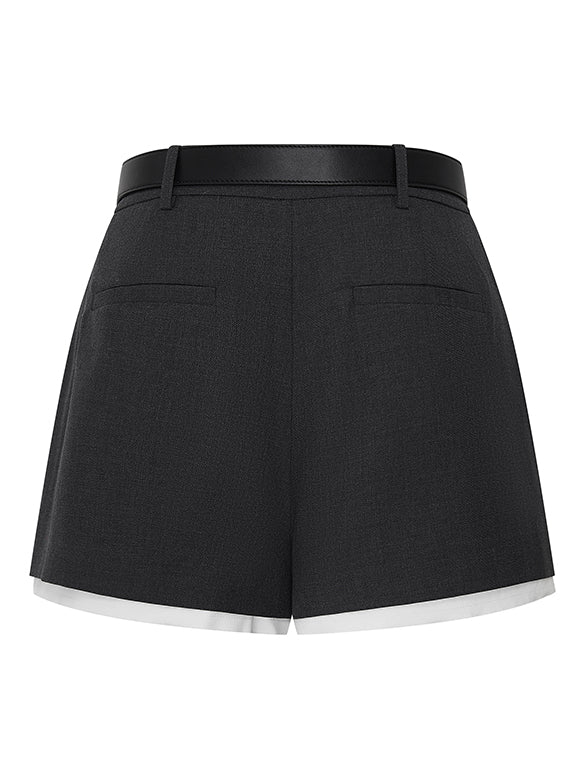 Combination Belted Pleats Short Pants