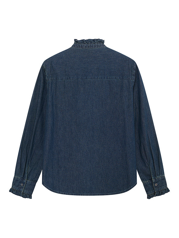 Frill-collar Bow-tie Denim Shirt