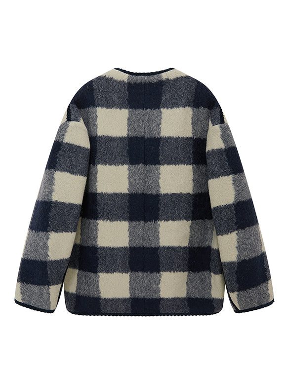 Plaid No-collar Wool Coat