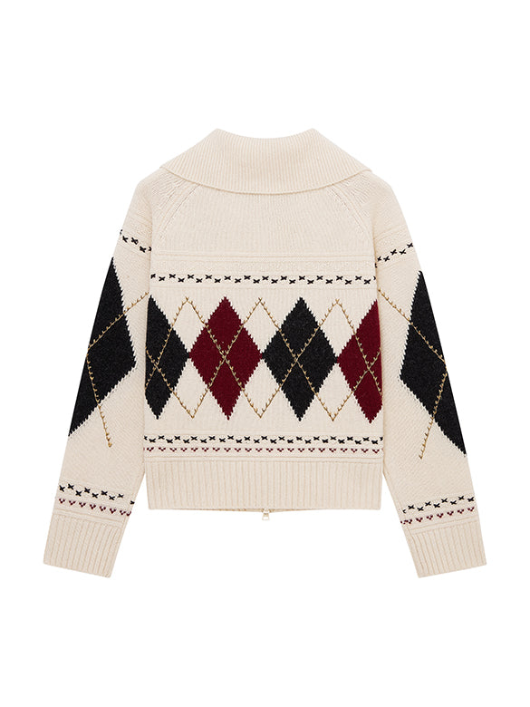 Argyle Zipper Knit Cardigan