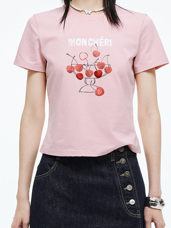 Cherry Printed & Beads T-shirt