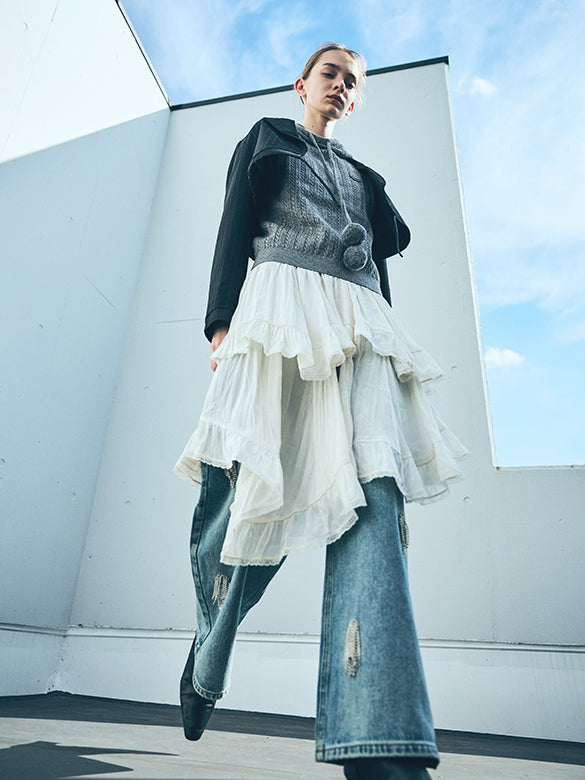 Beads Fringe Design Denim Pants