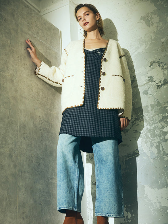 Bi-color Stitch Boa Half Coat