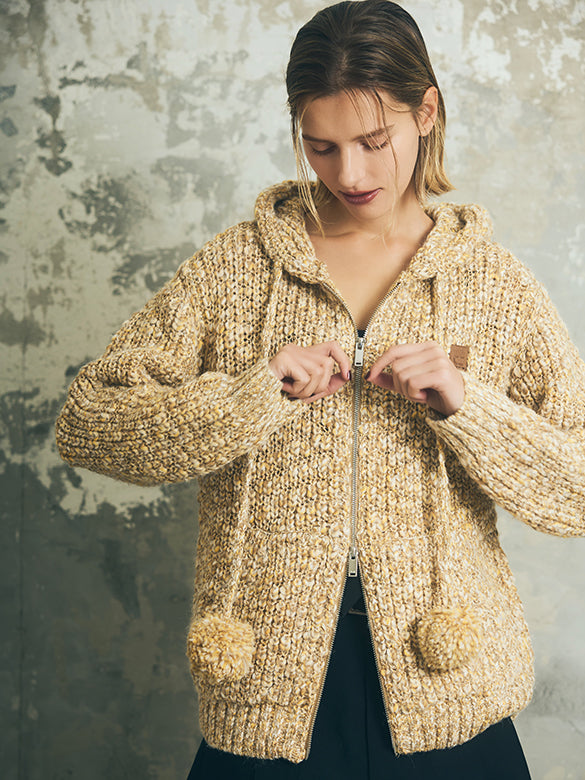 Pompon Knit Zipper Hoodie