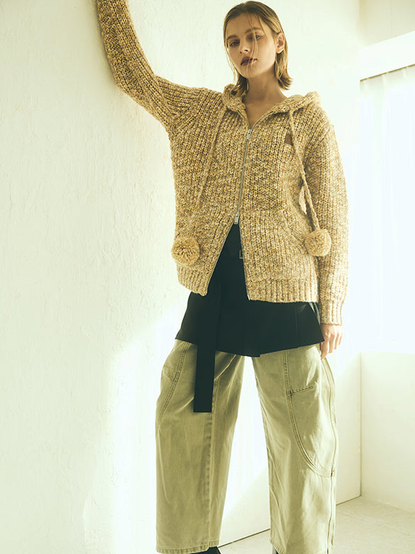Pompon Knit Zipper Hoodie