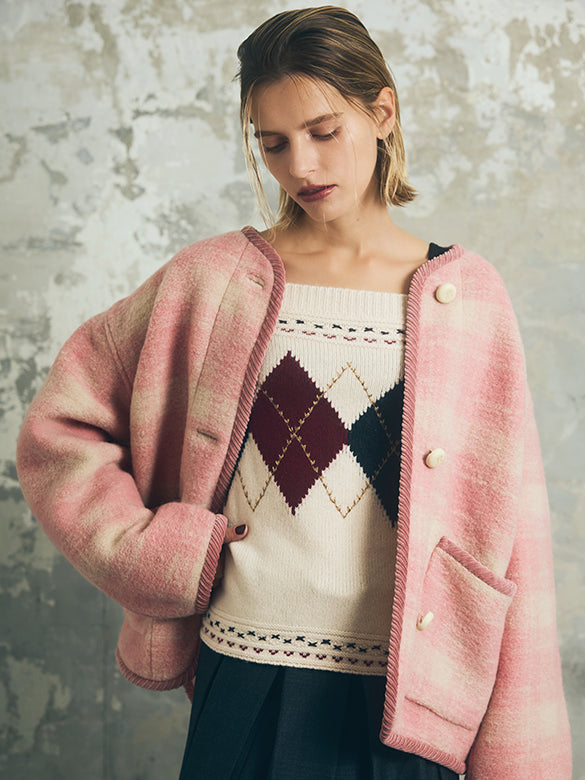 Piping Design Pink Plaid Coat