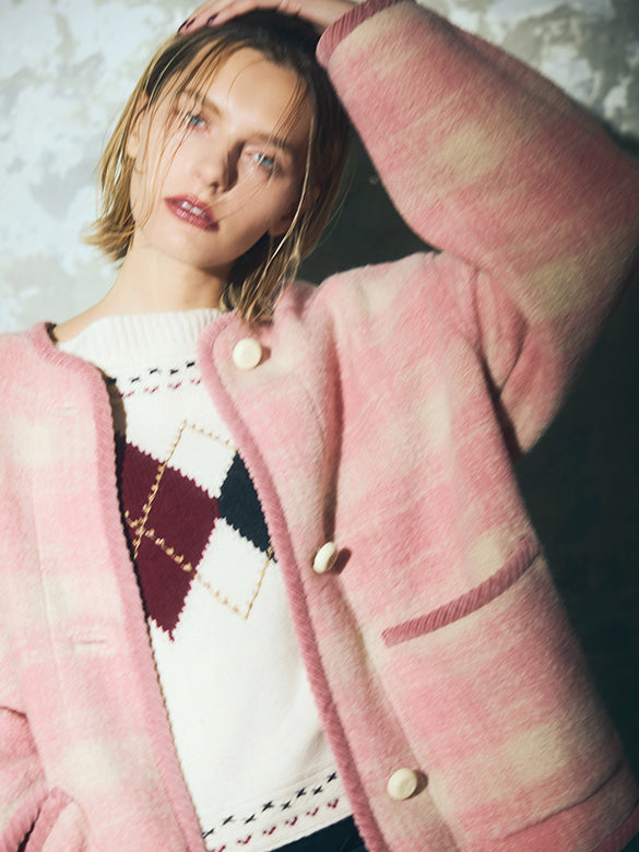 Piping Design Pink Plaid Coat