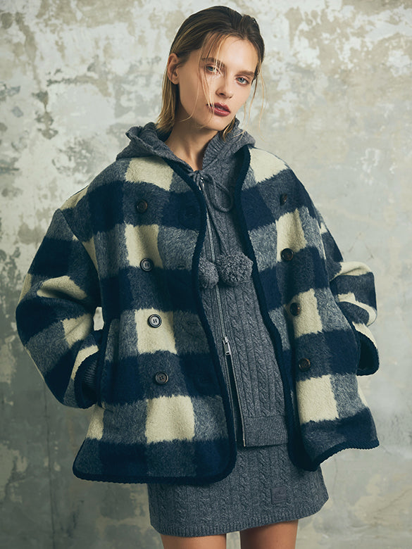 Plaid No-collar Wool Coat