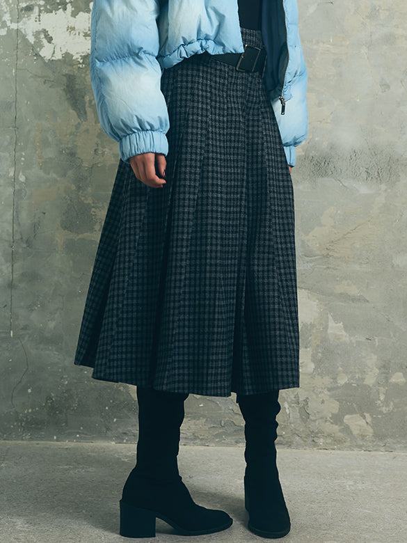 Plaid Pleats Belted Skirt