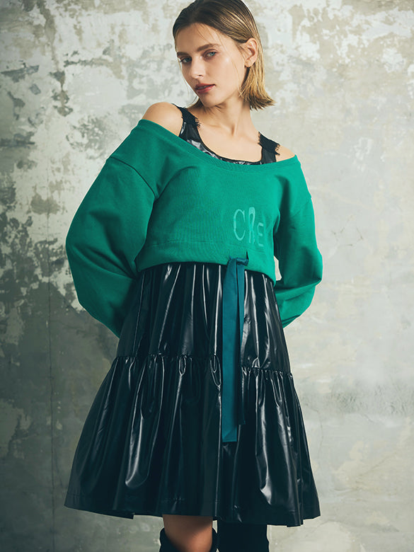 Balloon Sleeves Off-shoulder Ribbon Short Sweatshirt