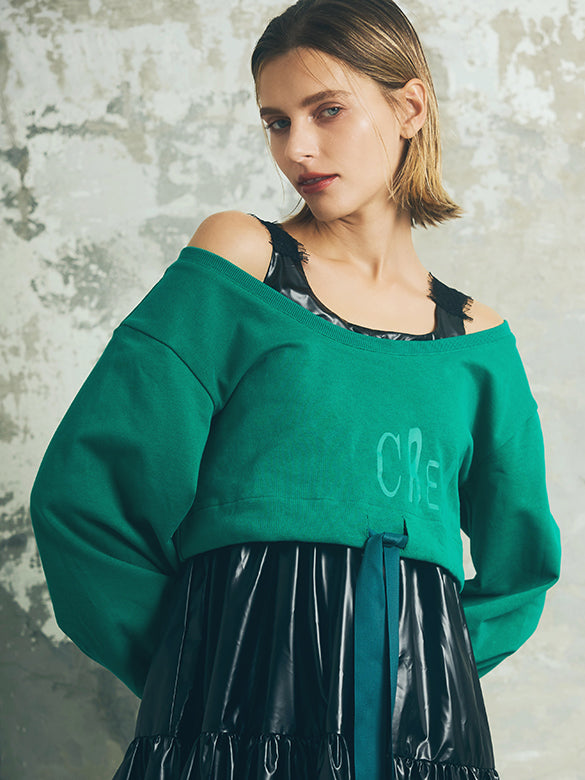 Balloon Sleeves Off-shoulder Ribbon Short Sweatshirt